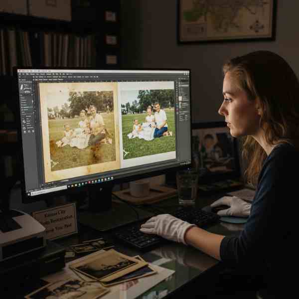 A skilled photo restoration specialist, wearing white gloves, meticulously works on a computer, displaying photo editing software that shows a split view of an old, damaged family photo on the left and its vibrant, restored version on the right. Vintage photographs are scattered on the desk, and a "Kansas City Photo Restoration" sign is visible.