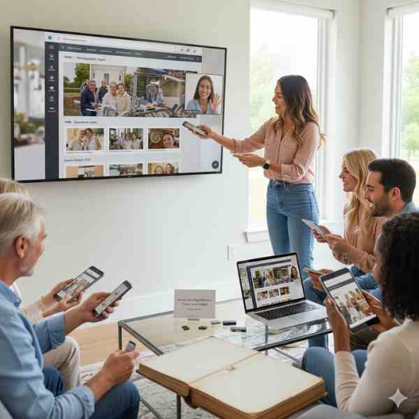 A smiling woman stands in a bright living room, gesturing towards a large TV screen displaying a digital photo gallery and a video call. Several family members are seated on couches, actively engaging with smartphones, tablets, and a laptop to view shared digital photo albums, with USB drives and an old photo album on a coffee table.