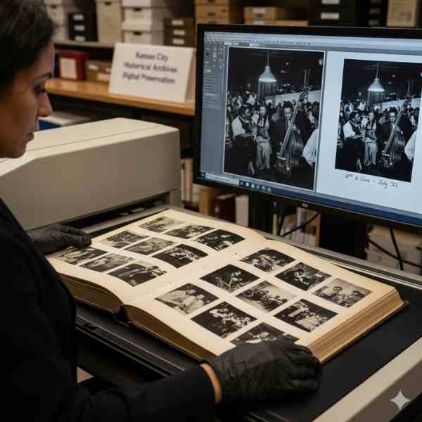 A person wearing black gloves carefully scans an open vintage photo album filled with black and white images on a professional flatbed scanner. A large monitor displays high-resolution digital copies of the album's pages, including historical photos of a jazz club, with text indicating Kansas City Historical Archives Digital Preservation on a sign.