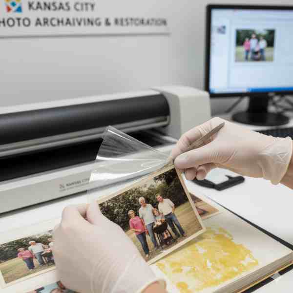 A person wearing white gloves carefully peels a clear plastic sheet from an old family photograph, revealing a sticky residue on the album page. Specialized tools are visible nearby, and in the background, a professional scanner and a computer screen displaying digitized images indicate a photo archiving and restoration service.
