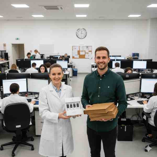 A smiling female lab technician in a white coat presents a box of USB drives to a happy male customer who holds a stack of old photo albums, all set within a bustling office environment filled with other technicians working at computer workstations in the background.