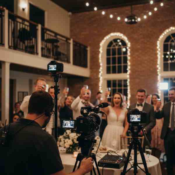 A professional videographer with headphones operates multiple cameras on tripods, capturing a joyous wedding reception in an elegant indoor venue with brick walls and string lights. The blurred background shows the bride and groom smiling as guests raise toasts, illustrating multi-camera coverage of a special event.