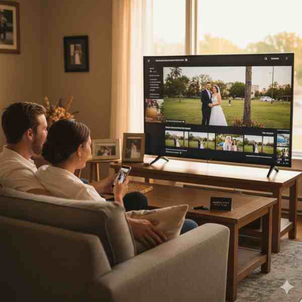 A smiling couple sits embraced on a couch, watching a large TV screen displaying their wedding video. The screen shows various scenes from their wedding day, and the woman is holding a smartphone, possibly sharing or viewing content. A small sign on the coffee table reads Kansas City Event Video.