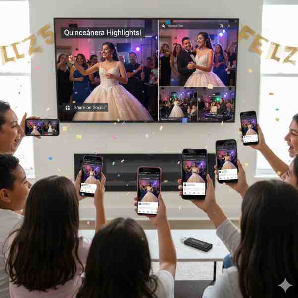 A group of people, including several children, are excitedly holding up their smartphones, all displaying social media feeds with a quinceañera highlight reel. In the background, a large TV also shows "Quinceañera Highlights!" with celebratory party scenes. Confetti falls around them, and a "Feliz Quinceaños" banner decorates the wall. A USB drive lies on a table in the foreground.