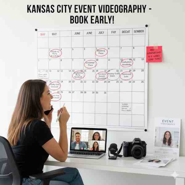 A smiling woman on the phone sits at a desk with a laptop showing a video conference call, looking at a large wall calendar filled with circled dates and event bookings for "Kansas City Event Videography - Book Early!" Sticky notes highlight "May Graduations 4-8 weeks lead time!" and "Summer Wedding Season fills fast!". A camera and an event videography brochure are also on the desk.