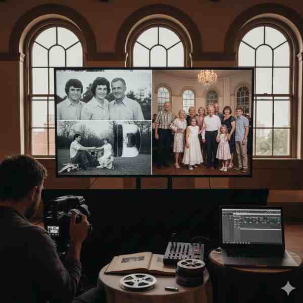 A videographer is seen from behind operating a camera pointed at a large screen displaying a split-screen video montage. The left side shows old black and white family photos and film reels, while the right side displays a modern color photo of a large family gathering. In the foreground, a laptop with video editing software, an audio mixer, and vintage film reels sit on a small table, all set within a room with large arched windows.