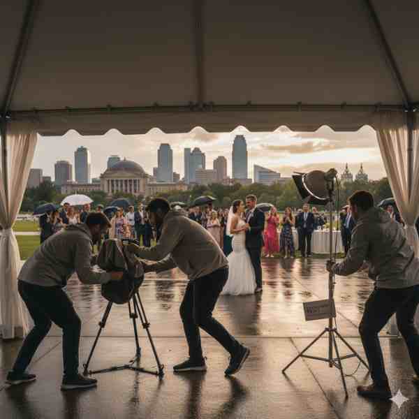 Under a large white tent on a rainy day, a team of videographers with professional cameras and lighting equipment captures a wedding couple dancing. Guests with umbrellas watch in the background, and the Kansas City skyline is visible in the distance under a dramatic sky, showcasing event videography adapting to challenging weather.