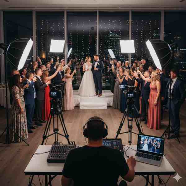 A videographer, seen from behind wearing headphones, operates multiple cameras and audio equipment, capturing a wedding reception. The bride and groom stand on a small stage, raising a toast with a crowd of smiling guests in a celebratory indoor venue with large windows overlooking a city skyline at dusk. Softbox lights illuminate the scene.