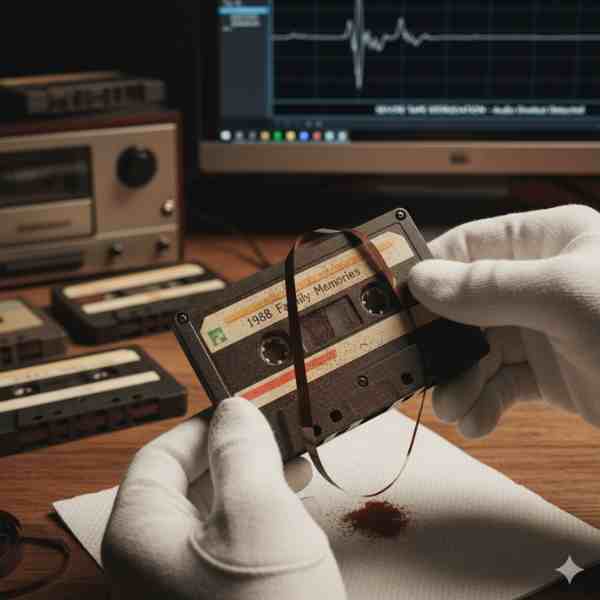 A pair of gloved hands carefully holds a damaged old cassette tape labeled "1988 Family Memories," with its magnetic tape unraveling and shedding brown dust onto a white paper towel. In the background, a computer monitor displays audio waveform editing software, and other cassette tapes are visible, illustrating the process of rescuing deteriorating audio recordings.