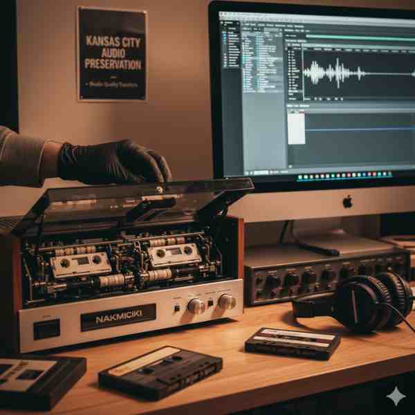 A person wearing a black glove operates a high-quality "Nakimicki" dual-cassette deck, preparing to transfer audio. On the desk, several cassette tapes and headphones are visible, and a large computer monitor displays audio waveform editing software. A poster on the wall reads "Kansas City Audio Preservation - Studio Quality Transfers," emphasizing professional digitization services.