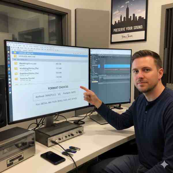 A male audio professional points to a computer screen displaying "Format Choices" for audio files, comparing "Archival (WAV/FLAC) vs. Portable (MP3)" with details on file sizes and uses. Another monitor shows audio editing software, and on the desk are a cassette deck, USB drives, and a smartphone. A poster on the wall reads "PRESERVE YOUR SOUND. Your Choice."