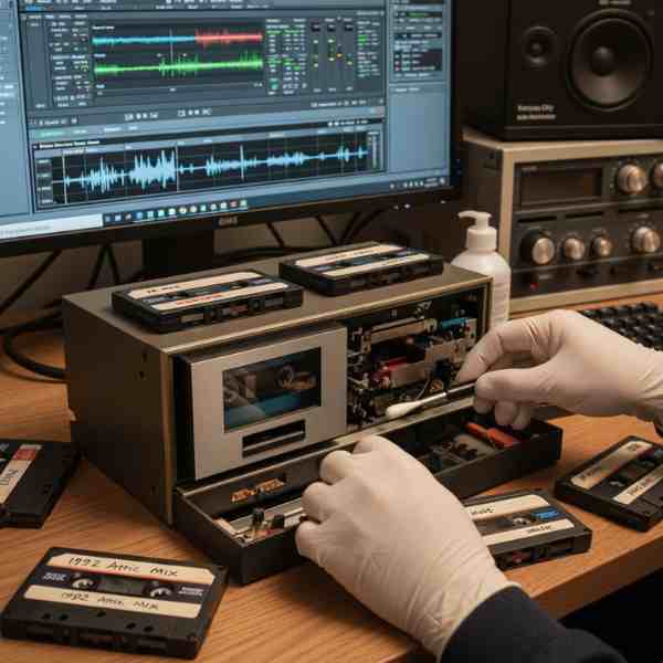 A person wearing white gloves carefully cleans the internal components of an open cassette deck with a cotton swab, surrounded by several cassette tapes. In the background, a computer monitor displays detailed audio editing waveforms, and professional audio equipment is visible, highlighting the meticulous process of preparing tapes for digital conversion.