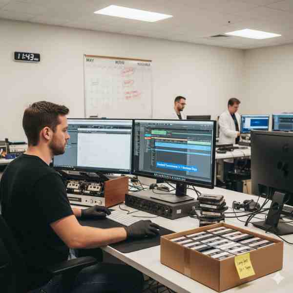 A male technician wearing black gloves works at a multi-monitor workstation, with one screen displaying audio editing software and another showing a project timeline for "Standard Turnaround: 5-7 Business Days." A box labeled "Long wait 20+ Tapes" sits on the desk next to a cassette deck. In the background, a calendar indicates busy periods for "May" and "November," and other technicians are working in the office.
