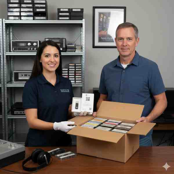 A smiling female technician, wearing white gloves, presents a USB drive and a QR code to a male customer who holds a box filled with old cassette tapes. They are standing in an archive or office setting with shelves of audio equipment and tapes in the background, signifying a cassette to digital conversion service.