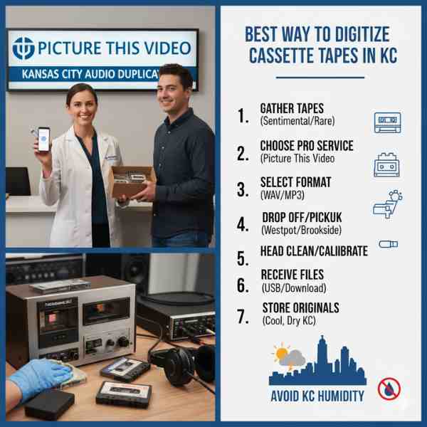A split image promoting "BEST WAY TO DIGITIZE CASSETTE TAPES IN KC." The top left shows a smiling female technician in a lab coat holding a phone with a digital icon, alongside a male customer holding a box of tapes, with a "PICTURE THIS VIDEO" sign overhead. The bottom left shows gloved hands working with a Nakamichi cassette deck and tapes. The right side is a numbered infographic detailing seven steps for digitizing tapes, including "Gather Tapes," "Choose Pro Service," "Select Format," and "Avoid KC Humidity" with a city skyline icon.