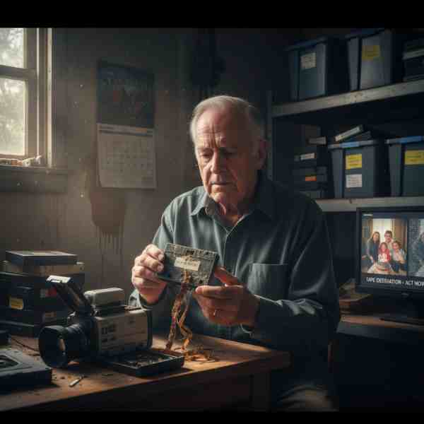 An elderly man in a dimly lit, dusty room with shelves of storage bins carefully examines a severely damaged camcorder tape with tangled, flaking magnetic tape. An old camcorder sits on the desk next to him, and a computer monitor in the background displays a family video with a superimposed warning about "TAPE DEGRADATION - ACT NOW."