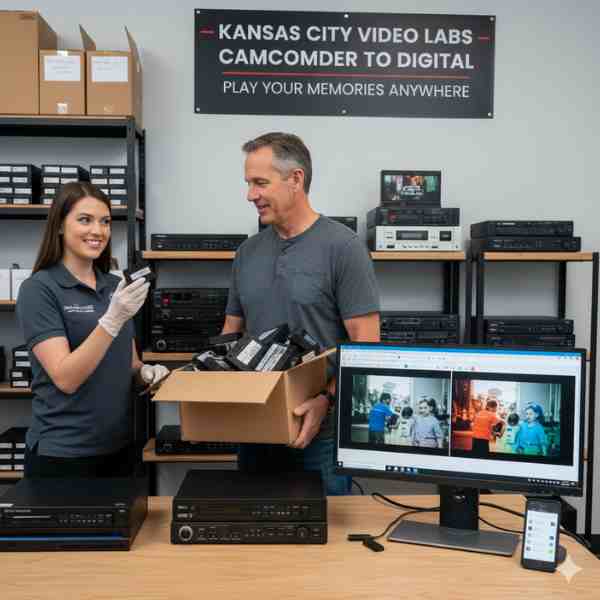 A smiling female technician, wearing white gloves, takes a camcorder tape from a male customer who is holding a box full of tapes. They are in a professional setting with shelves of camcorder playback equipment and a computer monitor displaying digitized video footage. A sign overhead reads "KANSAS CITY VIDEO LABS - CAMCORDER TO DIGITAL - PLAY YOUR MEMORIES ANYWHERE."