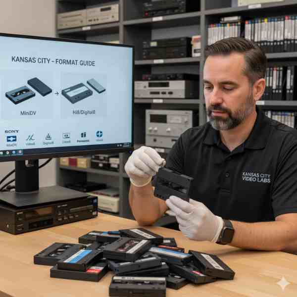 A male technician wearing white gloves meticulously examines a camcorder tape, surrounded by a pile of various camcorder tape formats on a wooden desk. A computer monitor in the background displays a "KANSAS CITY - FORMAT GUIDE" showing different tape types like MiniDV and Hi8/Digital8, along with logos of camcorder brands like Sony and Panasonic. Shelves filled with tapes and equipment are visible in the background.