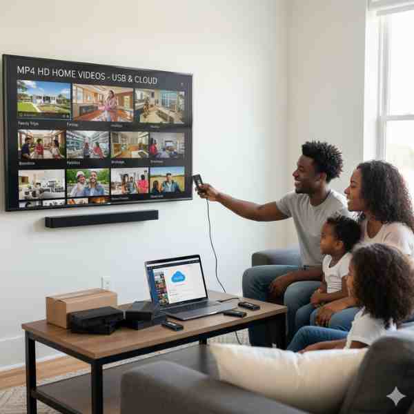 A smiling family of four, including two young children, sits on a couch watching a large smart TV displaying a grid of "MP4 HD HOME VIDEOS - USB & CLOUD." The father holds a device pointing at the screen, and on the coffee table are a laptop, multiple USB drives, and black boxes, illustrating modern digital video storage and playback.