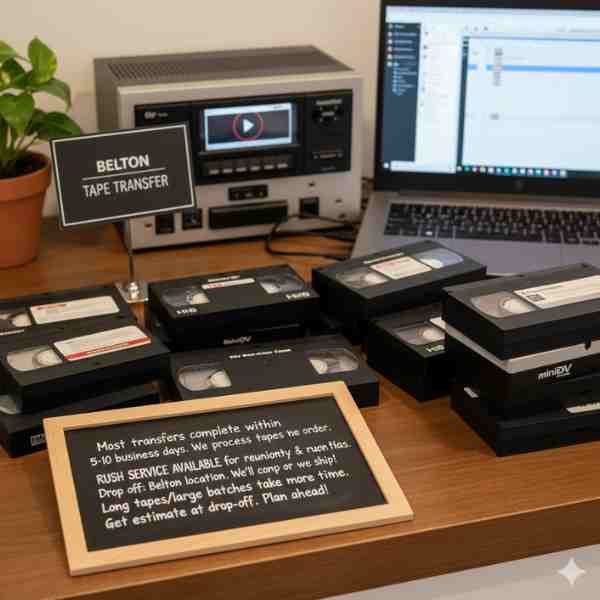 Pile of VHS tapes on a wooden table.