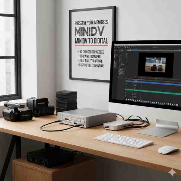 A clean, modern desk setup for digitizing MiniDV tapes. On the wooden desk, there are two vintage MiniDV camcorders, a stack of MiniDV tapes, and various pieces of capture equipment including a capture deck, a FireWire interface, and an external hard drive. All are connected to a sleek, modern iMac displaying video editing software with a MiniDV tape being digitized. Above the desk, on a light grey wall, hangs a framed poster with the text "PRESERVE YOUR MEMORIES MINI DV TO DIGITAL" and bullet points highlighting the service's benefits.