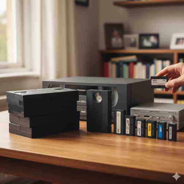A wooden table with a stack of VHS, betamax and camcorder tapes.