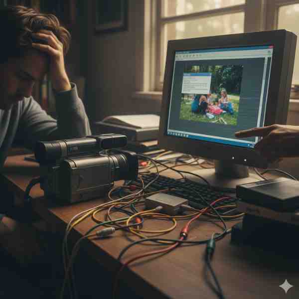A man sits at a desk, looking frustrated with his head in his hand. In front of him, there's an old camcorder, a tangle of audio and video cables, and a vintage computer monitor. The monitor displays a digitized home video with visible quality issues and an error message box. Another hand points at the screen, seemingly indicating a problem.