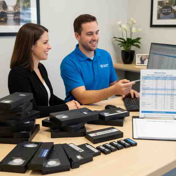 A smiling female client and a male service representative are seated at a clean, well-lit office desk. The desk is covered with a variety of video tapes, including a large stack of VHS tapes and an assortment of smaller camcorder tapes (MiniDV, Hi8). The male representative, wearing a blue polo shirt, points at a computer monitor displaying a spreadsheet with pricing information for different tape formats and lengths. On the desk, there's also a stand-up sign titled "Formal Type" with pricing details, and a clipboard labeled "Transparent Quotes." This scene depicts a consultation for video tape to digital conversion services, emphasizing clear pricing and tape handling.