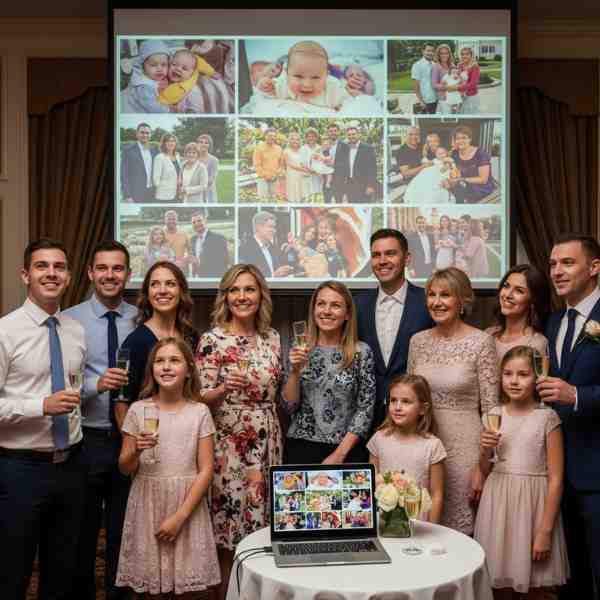 A large, multi-generational family and friends are gathered in an elegantly decorated room, possibly a banquet hall, celebrating a milestone birthday. They are all smiling and looking up at a large projection screen displaying a vibrant photo montage of family memories, ranging from baby pictures to more recent group photos. Several adults are holding champagne glasses, and children are present, looking happy. In the foreground, on a small round table with a white tablecloth, there is a laptop also displaying photo thumbnails, a champagne glass, and a floral arrangement. The atmosphere is joyful and commemorative, highlighting the value of a professionally created photo montage for family celebrations.