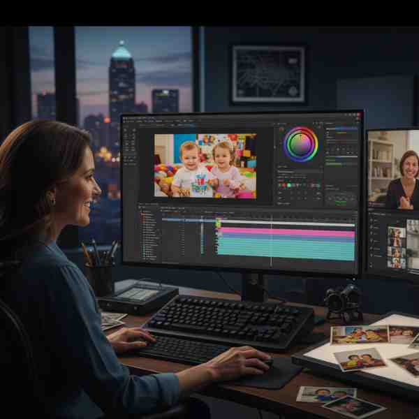 A professional female video editor is working at a multi-monitor workstation in a modern office with a city skyline visible outside the window at dusk. On the main monitor, she is actively editing a photo montage with a video editing software interface, featuring images of happy children, color correction tools, and a detailed timeline. A second monitor displays a video conference call with clients, showing their engaged reactions (smiling, clapping), indicating client collaboration and feedback. On the desk, there are scattered printed photos, suggesting the source material for the montage. This image effectively conveys professional video production services, expertise in photo montage creation, and client interaction.