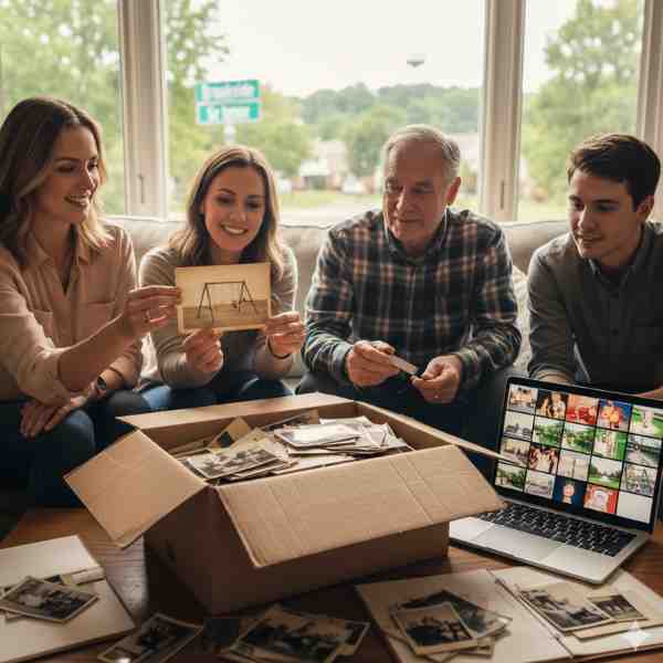 A multi-generational family, including two younger adults and an older man, gathered on a sofa in a bright living room, looking through a shoebox filled with old black and white printed photographs. They are smiling and sharing memories, while a laptop on the coffee table displays a grid of digitally restored and colorized versions of similar vintage photos, illustrating the transformation from physical to digital format.