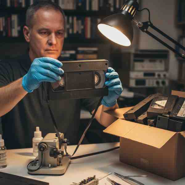 A professional technician wearing blue gloves carefully inspects an old VHS tape, holding it under a desk lamp to check for damage. On the table are various tools for tape repair, including a tape splicing kit and cleaning solutions, next to a cardboard box filled with other vintage VHS tapes, illustrating the meticulous process of assessing and preparing old media for digital transfer.