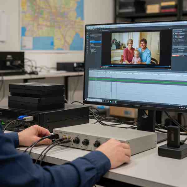 A modern workspace with high-end video transfer equipment, featuring professional VCRs, a time base corrector, and a computer monitor displaying a real-time video capture interface. A technician is meticulously overseeing the transfer of a VHS tape, ensuring every frame is captured in real-time, highlighting the dedication to quality and preservation of video memories.