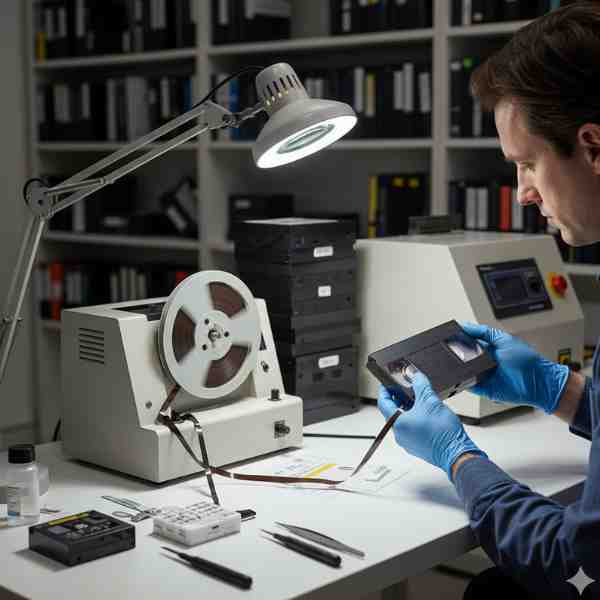 A professional technician wearing blue gloves carefully inspects an old VHS tape, holding it under a magnifying desk lamp. On the white workbench, a tape winding machine is in operation, alongside specialized tools for tape repair and cleaning, with stacks of other vintage tapes in the background, illustrating the meticulous process of restoring and preparing delicate old recordings for digital transfer.