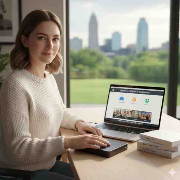 A young woman with a pleasant expression is seated at a modern desk, looking towards the viewer. In front of her, a laptop displays a screen with icons for cloud storage services like Google Drive and Dropbox, along with thumbnails of family videos, indicating digital file backup. An external hard drive rests on the desk next to the laptop, and a stack of labeled DVD cases or archival boxes is visible, representing multiple backup methods for cherished family memories. The background shows a bright window with a city skyline and green park, suggesting a modern home or office environment.