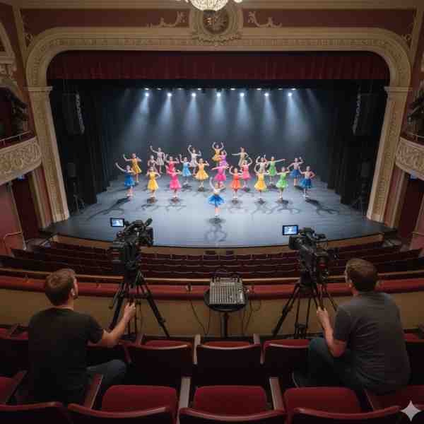 Two videographers are positioned in the audience of a grand theater, each operating a professional video camera on a tripod, capturing a vibrant dance recital on stage. A group of young dancers in colorful costumes performs under spotlight, with one soloist prominently featured in the center. The setup emphasizes multi-camera coverage to capture both wide shots and detailed moments of the performance, ensuring comprehensive video production for a dance recital.