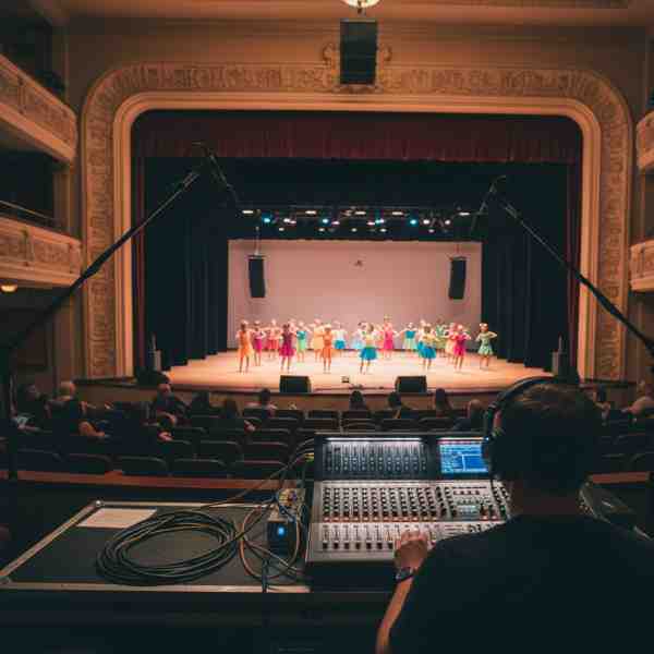 From the perspective of an audio engineer, a person with headphones on is seen from behind, operating a professional sound mixing board in the audience of a theater. Two boom microphones are prominently positioned to capture audio from the stage where a group of young dancers in colorful costumes are performing a recital. The image highlights the use of professional audio equipment to ensure clear sound quality for performance recordings, minimizing audience and ambient noise.