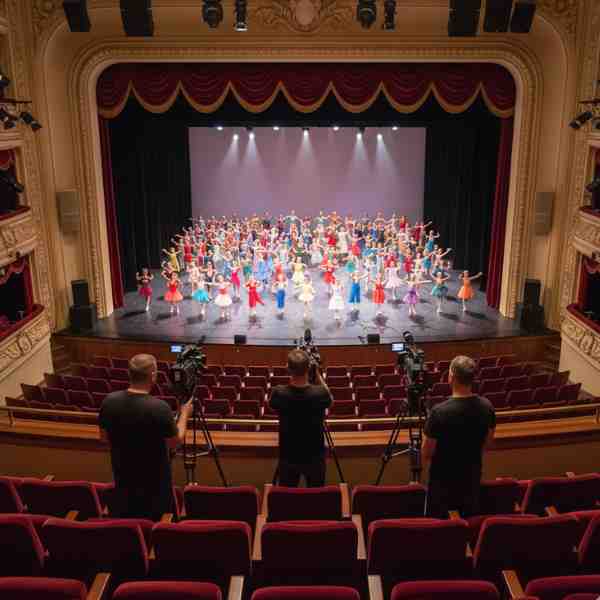 An overhead view of a large auditorium stage filled with many young dancers in colorful costumes performing a recital. In the foreground, three videographers are positioned with professional cameras on tripods, strategically spaced across the audience seating area to capture multiple angles, including close-ups and wide shots, ensuring comprehensive coverage of the large group performance. The red velvet seats and ornate theater architecture are visible, setting a professional stage production scene.