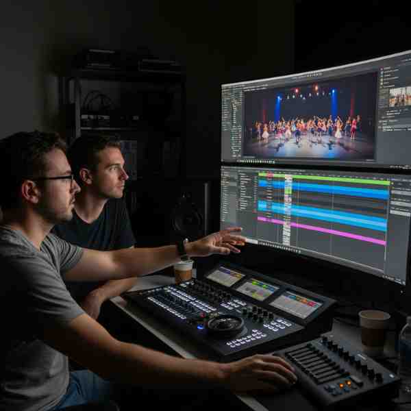 Two video engineers are intently focused on a large, multi-monitor display in a dimly lit editing suite. The main screen shows a dance recital performance with numerous dancers on stage, while another screen displays a detailed video editing timeline. One engineer is pointing at the screen, engaging in discussion with his colleague, as they work with a professional audio mixer and other editing equipment on their desk, highlighting the post-production process of a dance recital video.