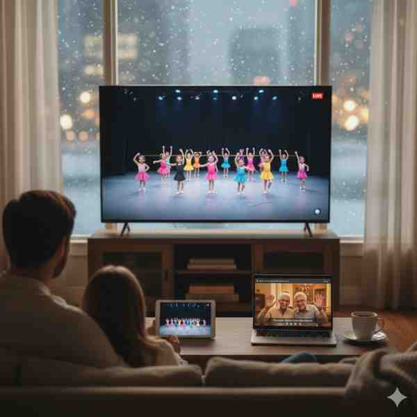 A family, viewed from behind, is cozily seated on a sofa in their living room, watching a live-streamed dance recital on a large TV screen. The television shows young dancers performing on stage, with a "LIVE" indicator. On the coffee table in front of them, a laptop displays a video call with smiling grandparents, and a tablet also shows the live recital, illustrating how remote family members can share the experience through streaming, especially during winter weather visible outside the window.