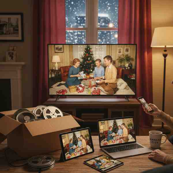A cozy living room scene where a woman is smiling and looking at her phone, while a family holiday video plays simultaneously on a large TV, a laptop, a tablet, and a smartphone. In the foreground, a cardboard box filled with old 8mm film reels and loose reels on the coffee table contrast with the digital screens, illustrating the conversion of vintage film to modern, shareable digital formats. The TV shows a nostalgic scene of a family opening presents around a Christmas tree, and outside the window, snow gently falls, enhancing the feeling of preserved holiday memories.