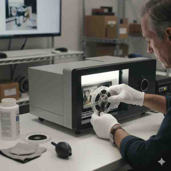 A professional technician wearing white cotton gloves is meticulously loading a reel of 8mm film into a specialized frame-by-frame film scanner. The scanner's display shows a still frame from the film. On the white workbench, cleaning supplies, a dust blower, and film containers are visible, highlighting the careful process of cleaning, handling, and digitizing delicate film reels without causing damage. In the background, a computer monitor displays a digital image of a film reel, and shelves hold organized boxes, indicating a professional archival environment.