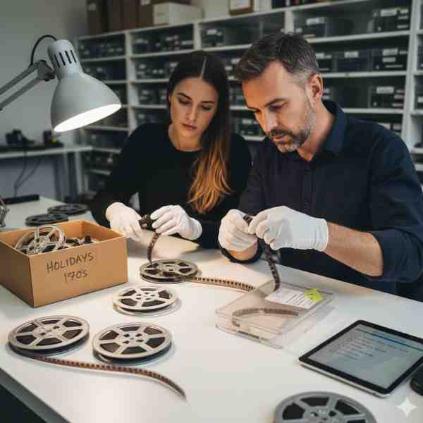 Two professional technicians, both wearing white cotton gloves, are meticulously inspecting old 8mm film reels on a white workbench. A man on the right carefully unspools film, while a woman on the left examines another section. A cardboard box labeled "HOLIDAYS 1970s" is filled with more film reels, and a tablet displays an inventory or inspection checklist, highlighting the detailed process of assessing vintage film for damage like mold, brittleness, and broken splices before digitization. The background shows organized shelves of archival materials in a professional lab setting.