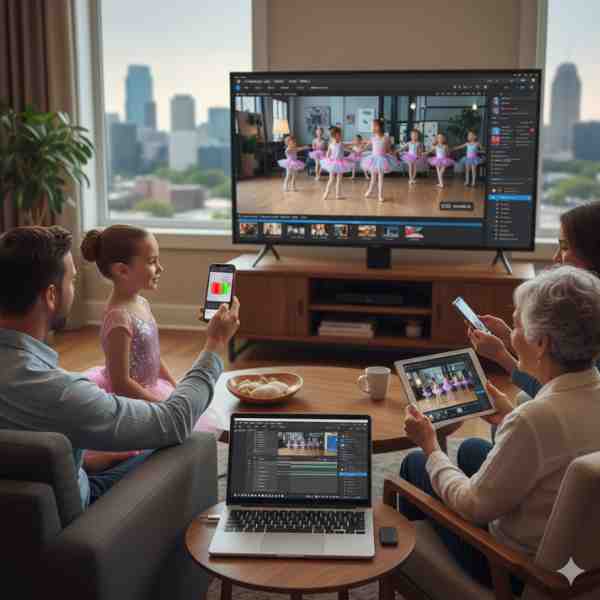A multi-generational family, including a young girl in a pink dance costume, a man, a woman, and an elderly woman, are gathered in a modern living room with a city view. They are simultaneously viewing a dance recital video on various devices: a large smart TV, a laptop with video editing software open, a tablet, and two smartphones, one showing a video editing app. This illustrates the versatility of digital video formats (MP4, MOV) for playback, editing, and sharing across different devices for families in Kansas City.