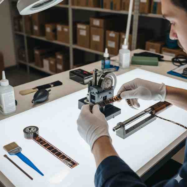 A technician wearing white cotton gloves is meticulously working on a strip of old film on a bright light table. They are carefully handling the film, likely performing repairs like splicing or cleaning, with specialized tools such as a film splicer, brushes, and cleaning solutions visible on the table. In the background, shelves filled with archival boxes suggest a professional film restoration and transfer lab dedicated to preserving damaged or fragile film reels.