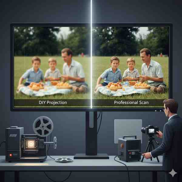 A split screen on a large monitor prominently displays a side-by-side comparison of a family picnic scene. The left side, labeled "DIY Projection," shows a blurry, less vibrant image, while the right side, labeled "Professional Scan," reveals a sharp, color-accurate, and detailed version of the same scene. Below the monitor, a vintage film projector is shown on the left, and a modern digital camera setup for scanning is on the right, operated by a person. This visual contrast highlights the superior quality and detail captured by professional frame-by-frame film scanning compared to projecting and recording a film with a home setup.