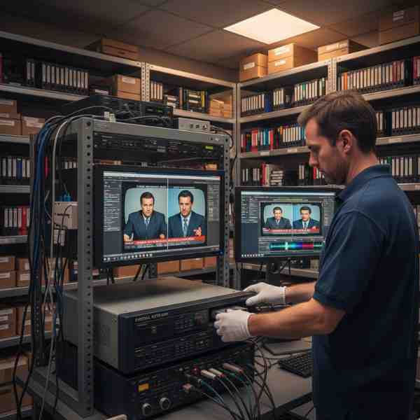 A professional video technician wearing white gloves is meticulously inserting a Betacam SP tape into a rack-mounted Digital Betacam recorder, surrounded by other high-end audio and video equipment. On the two monitors, a broadcast-quality video is displayed alongside a waveform monitor and editing timeline, illustrating the precise process of transferring and preserving professional Beta footage to digital formats like MP4, MOV, or AVI, ensuring original resolution and color depth are maintained for archiving and future use. The background shows organized shelves of archived tapes and media, indicating a specialized media preservation facility.