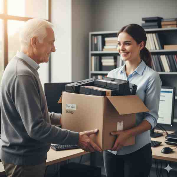 An elderly gentleman with white hair is smiling as he hands over a large cardboard box filled with Betamax tapes to a smiling female digital engineer in a bright, modern office setting. The box is partially labeled, and other office equipment and shelves of organized media are visible in the background, symbolizing the process of entrusting vintage media for professional digital transfer and preservation.