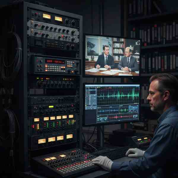 A focused male audio-visual technician, wearing white gloves, is working at a control desk in a dimly lit studio filled with professional rack-mounted broadcast equipment, including a Sony Betacam SP deck. On the monitors, a video of two men in a broadcast interview is displayed alongside complex audio waveforms and editing interfaces, illustrating the meticulous process of transferring legacy Betacam SP footage, preserving original audio channels and time code with broadcast-grade precision. Shelves of archived tapes are visible in the background.