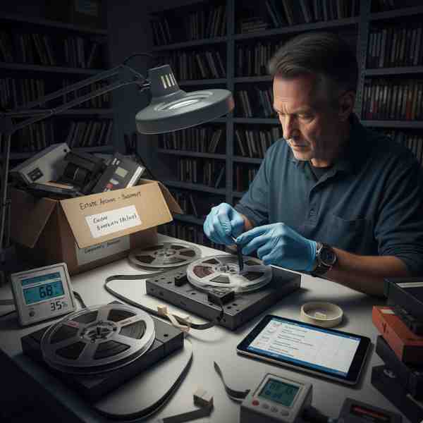 A meticulous technician, wearing blue gloves, is carefully working on a reel of magnetic tape placed on a specialized cleaning or repair station under a magnifying lamp. On the white desk, a cardboard box labeled "ESTATE ARCHIVE - BASEMENT" contains various old media, including more tapes. Other tools like a hygrometer displaying temperature and humidity, a tablet showing a checklist for tape conditions, and cleaning supplies are also present, highlighting the detailed process of inspecting, cleaning, and repairing damaged tapes from basements and archives before digital conversion.